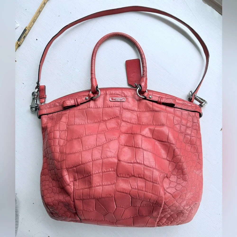COACH Madison Crocodile Embossed Lindsey Satchel Coral Leather